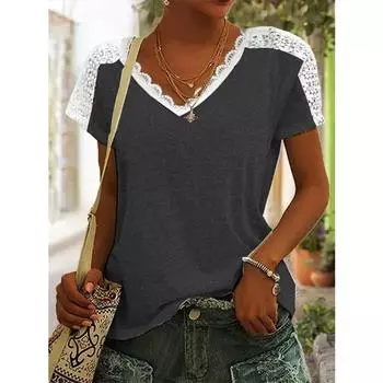 Летняя женская футболка с v-образным вырезом и кружевным топом с короткими рукавами S розовый