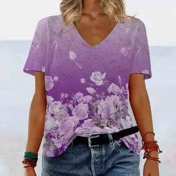 Летняя женская футболка с V-образным вырезом и ретро-узором с 3D-принтом для поездок на работу S