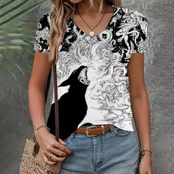 Летняя женская футболка с V-образным вырезом, модный тренд, одежда с коротким рукавом, топ с рисунком кошки, свободная женская футболка с коротким рукавом 8XL