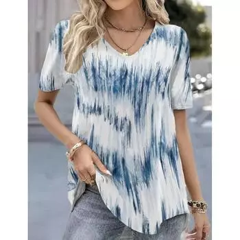 Летняя женская футболка с V-образным вырезом, модные полосатые принтованные топы, футболки, женская повседневная одежда с коротким рукавом, женская винтажная уличная одежда S