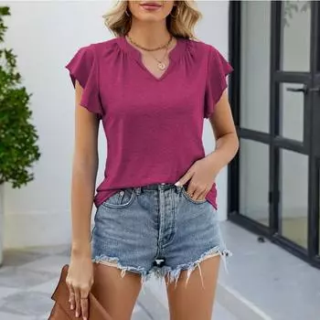 Летняя женская футболка с v-образным вырезом, однотонная, свободная, с рукавами в виде листьев лотоса, удобная повседневная футболка, топы S розы красного