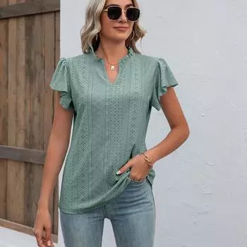 Летняя женская футболка с v-образным вырезом и рюшами, свободный топ с короткими рукавами S чёрный