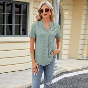 Летняя женская футболка с v-образным вырезом, жаккардовые свободные топы, футболка с короткими рукавами и лацканами «парусник» S белый