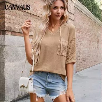 Летняя женская футболка с v-образным вырезом и капюшоном, вязаный свитер с карманами, топ с короткими рукавами и скелетом S хаки