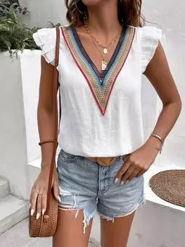 Летняя женская футболка с v-образным вырезом, кружевная повседневная однотонная рубашка без рукавов, женская S белый