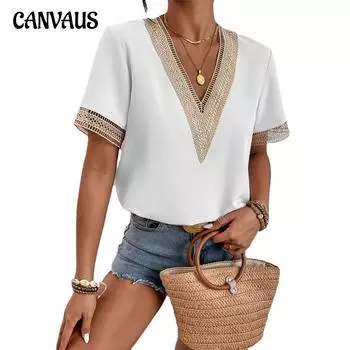 Летняя женская футболка с v-образным вырезом, кружевные свободные топы, темпераментная рубашка с короткими рукавами L белый