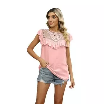 Летняя женская футболка с вышивкой на шее, оборкой, милая, свободная, удобная, модная, с коротким рукавом S белый