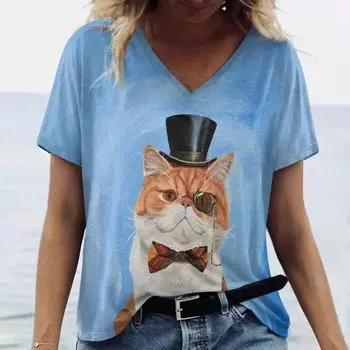 Летняя женская футболка с забавным принтом мультяшного кота, модные топы с V-образным вырезом, футболки, женская повседневная одежда с коротким рукавом, женская винтажная одежда S