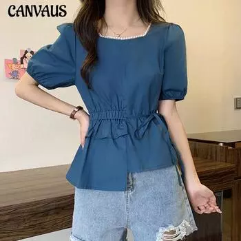 Летняя женская футболка с жемчужным квадратным воротником и короткими рукавами, нерегулярная нежная рубашка, шифоновая рубашка, блузка, женская S синий