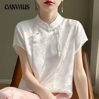 Летняя женская футболка, шелковая футболка с воротником-стойкой и пуговицами, винтажные атласные топы с короткими рукавами и принтом M белый