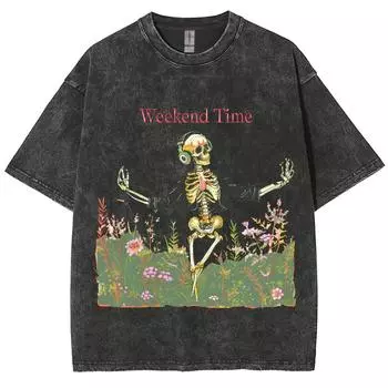 Летняя женская футболка синяя оверсайз Y2K с принтом черепа, с круглым вырезом, свободная, с коротким рукавом, унисекс, стирка, ретро, смешной топ S