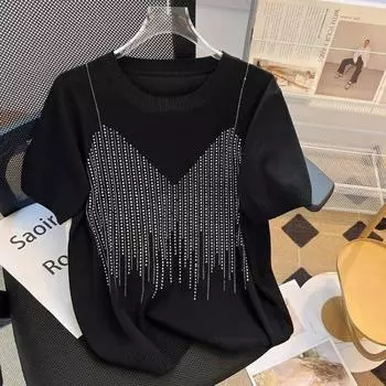 Летняя женская футболка специального дизайна, свободная женская трикотажная футболка с круглым вырезом, однотонная шикарная повседневная футболка из ледяного шелка с короткими рукавами XL чёрный