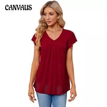 Летняя женская футболка, свободная плиссированная футболка с v-образным вырезом, мягкая двухслойная сетчатая футболка S бордовый