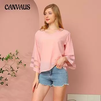 Летняя женская футболка, свободная сетчатая рубашка с v-образным вырезом, милая свежая шифоновая рубашка для девочек S чёрный