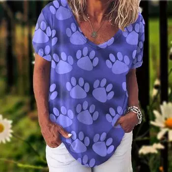 Летняя женская футболка свободного покроя с V-образным вырезом и 3D-принтом с короткими рукавами для девочек, повседневная женская футболка, уличный модный пуловер M