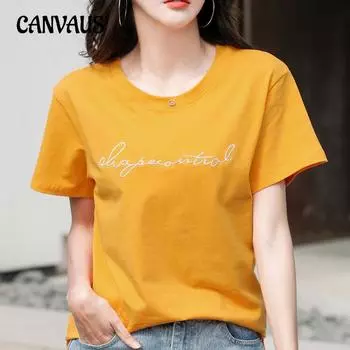 Летняя женская футболка, свободные тонкие однотонные топы с короткими рукавами и вышивкой S чёрный