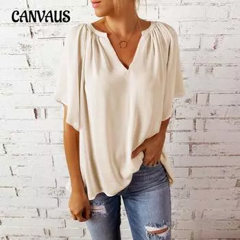 Летняя женская футболка, свободные топы с v-образным вырезом, повседневная женская футболка, шифоновая рубашка S белый