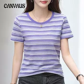 Летняя женская футболка, свободный полосатый топ с круглым вырезом и короткими рукавами S розовый