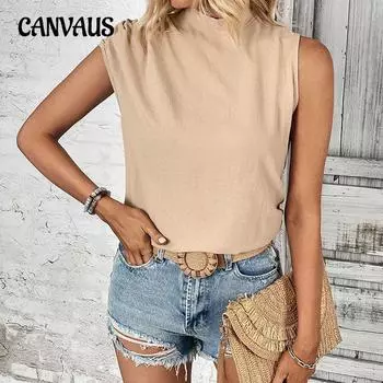 Летняя женская футболка Темперамент Элегантные однотонные женские топы без рукавов со средним воротником S абрикосовый