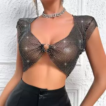 Летняя женская футболка-топ с принтом «бикини-сетка» в виде бриллиантов XS чёрный