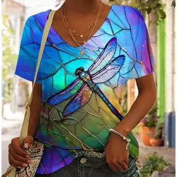 Летняя женская футболка, топы с 3D принтом и цветочным рисунком, повседневные розово-розовые модные повседневные футболки с коротким рукавом и v-образным вырезом для девочек 5XL