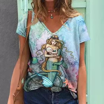 Летняя женская футболка, топы с короткими рукавами, модная одежда с 3d графикой русалки, повседневные уличные пуловеры с v-образным вырезом для женской футболки 2023 XL