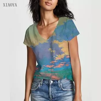 Летняя женская футболка, удобная повседневная модная футболка с коротким рукавом и v-образным вырезом с принтом, обычный уличный женский топ в стиле Харадзюку 4XL