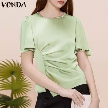 Летняя женская футболка VONDA с круглым вырезом и свободными рукавами с рюшами
