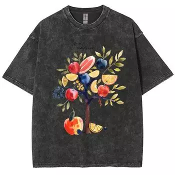 Летняя женская футболка в американском винтажном стиле, свободная, выстиранная, с принтом фруктового дерева, повседневная, простая, уличный наряд, мужская S
