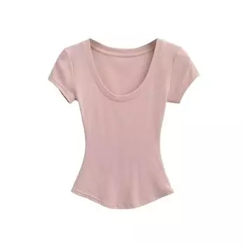 Летняя женская футболка в европейском и американском стиле, сексуальная, с U-образным вырезом, приталенная, с коротким рукавом Medium розовый
