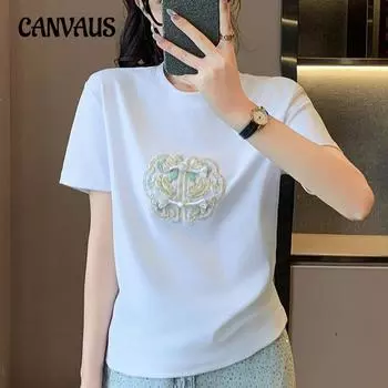 Летняя женская футболка в китайском стиле, свободные топы с короткими рукавами S белый