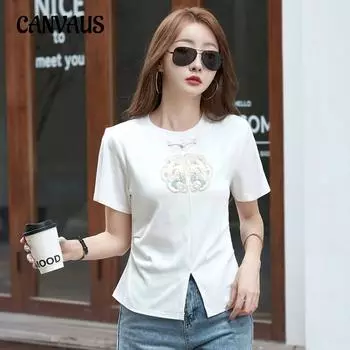 Летняя женская футболка в китайском стиле, тонкие тонкие топы с короткими рукавами S белый