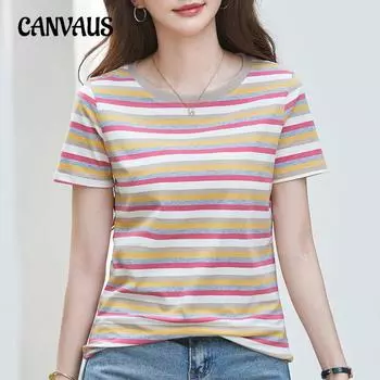 Летняя женская футболка в полоску с круглым вырезом и коротким рукавом S хаки