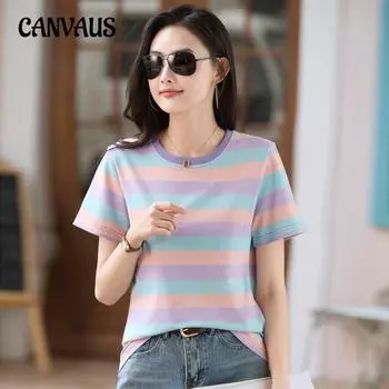 Летняя женская футболка в полоску с круглым вырезом и коротким рукавом S фиолетовый