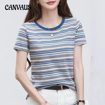 Летняя женская футболка в полоску, свободный повседневный топ с короткими рукавами S чёрный/кофейный