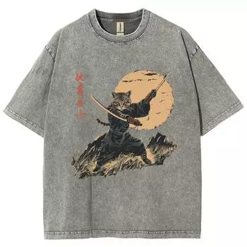 Летняя женская футболка в японском стиле с коротким рукавом, стираная джинсовая ткань, эластичный топ с принтом самурая и кота S