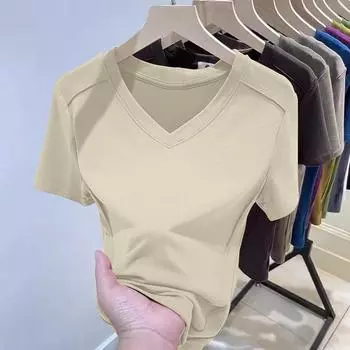 Летняя женская футболка в рубчик с v-образным вырезом и короткими рукавами L белый