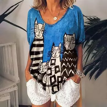Летняя женская футболка в стиле ретро с изображением кота и v-образным вырезом для девочек, футболки с короткими рукавами, женская одежда, уличная одежда в стиле Харадзюку, блузка большого размера L