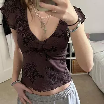 Летняя женская футболка в стиле ретро с принтом в полоску, рукавами-крылышками, V-образным вырезом и талией, базовая облегающая футболка Temperament S коричневый