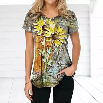 Летняя женская футболка в стиле ретро с цветочным принтом, повседневная повседневная футболка, обычный пуловер для женщин, женская одежда с коротким рукавом и круглым вырезом 2XL
