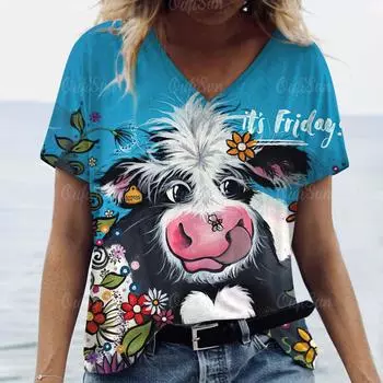 Летняя женская футболка в стиле Y2k, топы с короткими рукавами, аниме, принт коровы, женская одежда, женская свободная блузка, модная уличная одежда с v-образным вырезом S