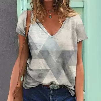 Летняя женская футболка, винтажные топы с геометрическим принтом и короткими рукавами, женская модная одежда, большой пуловер с v-образным вырезом, повседневная блузка 4XL