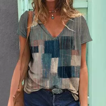 Летняя женская футболка, винтажные топы с геометрическим принтом и короткими рукавами, женская модная одежда, большой пуловер с v-образным вырезом, повседневная блузка 4XL