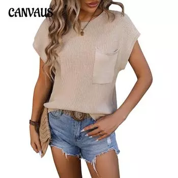 Летняя женская футболка вязать круглый вырез карман украшения топ короткий рукав свитер S армия зеленый