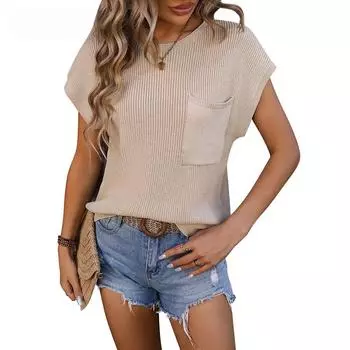 Летняя женская футболка вязать круглый вырез карман украшения топ короткий рукав свитер S армия зеленый