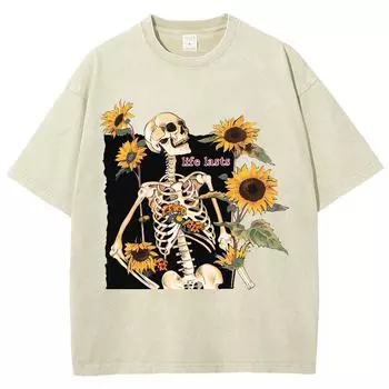 Летняя женская футболка Y2KЖенская одежда Распродажа Оверсайз Принт черепа и подсолнуха Свободный вываренный топ Тренд Короткий рукав S