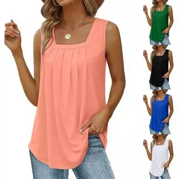 Летняя женская футболка, жилет, плиссированные топы без рукавов с квадратным вырезом, модная одежда, однотонный пуловер, повседневные рубашки женские S белый