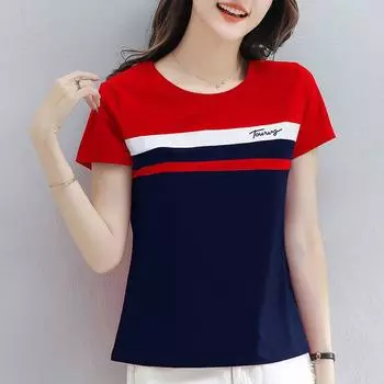 Летняя женская хлопковая футболка с короткими рукавами и вышивкой, женская модная футболка с короткими рукавами и вышивкой 4XL красный