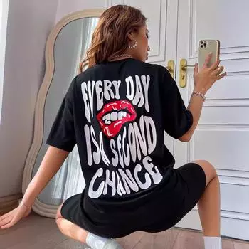 Летняя женская хлопковая футболка с принтом «Губы Алфавит», большой размер, короткий рукав S тёмно-синий