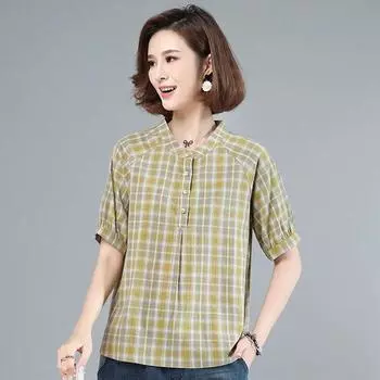 Летняя женская хлопковая клетчатая рубашка больших размеров, свободная повседневная блузка, топы с короткими рукавами, приталенный крой XXXXL синий